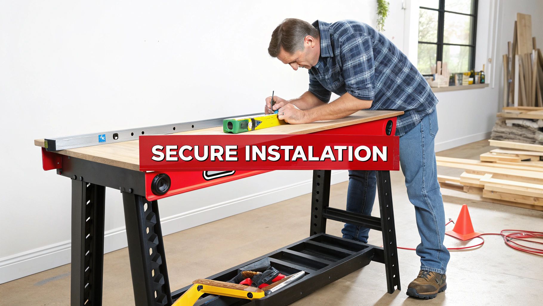 A person securely installing a garage workbench against a wall.