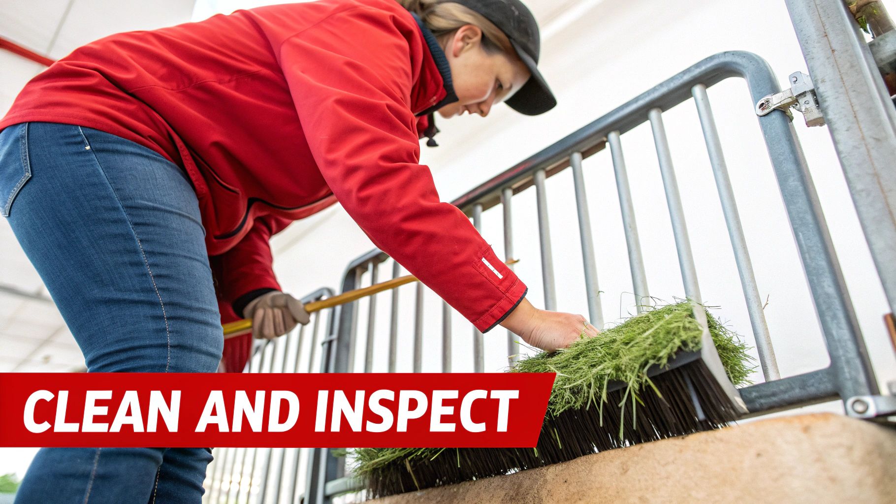 A woman in a red jacket and jeans cleans a hay feeder with a broom in a barn.