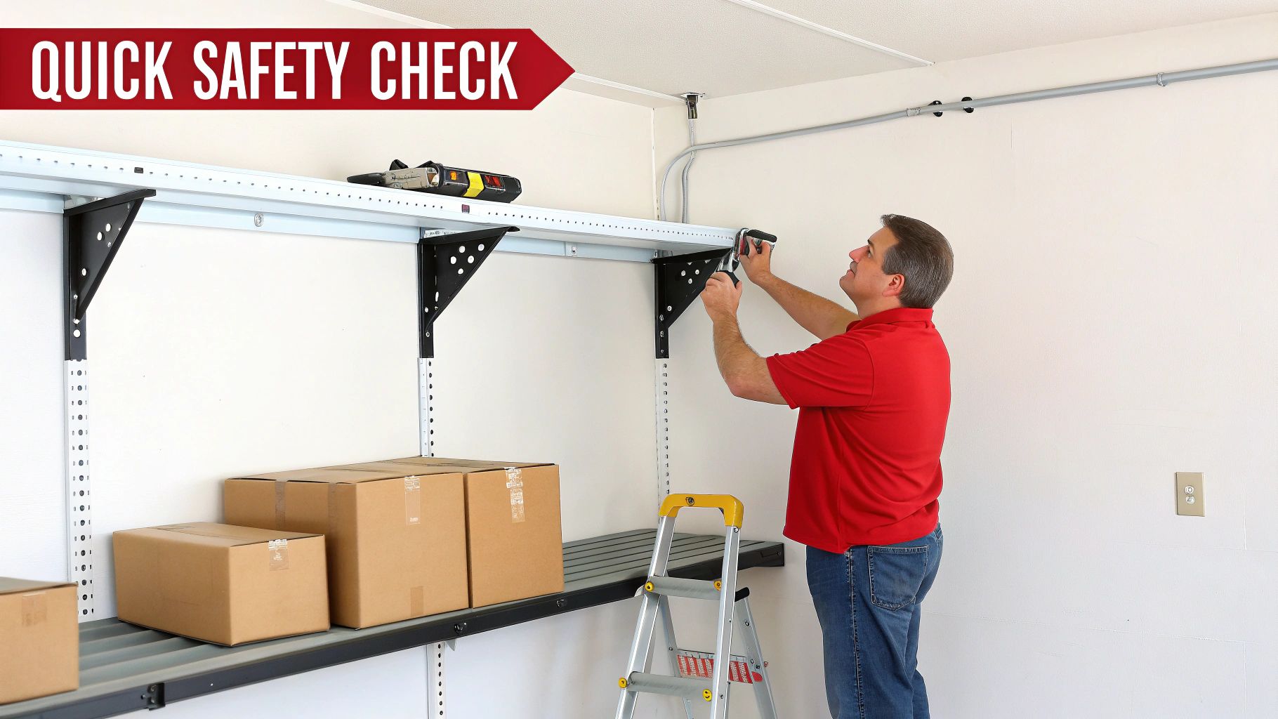 A well-maintained garage overhead storage rack holding labelled plastic bins, showcasing organised long-term storage.