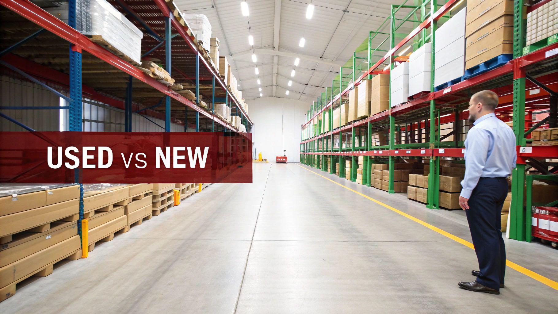 A man stands in a large warehouse comparing used red and new green pallet racks.