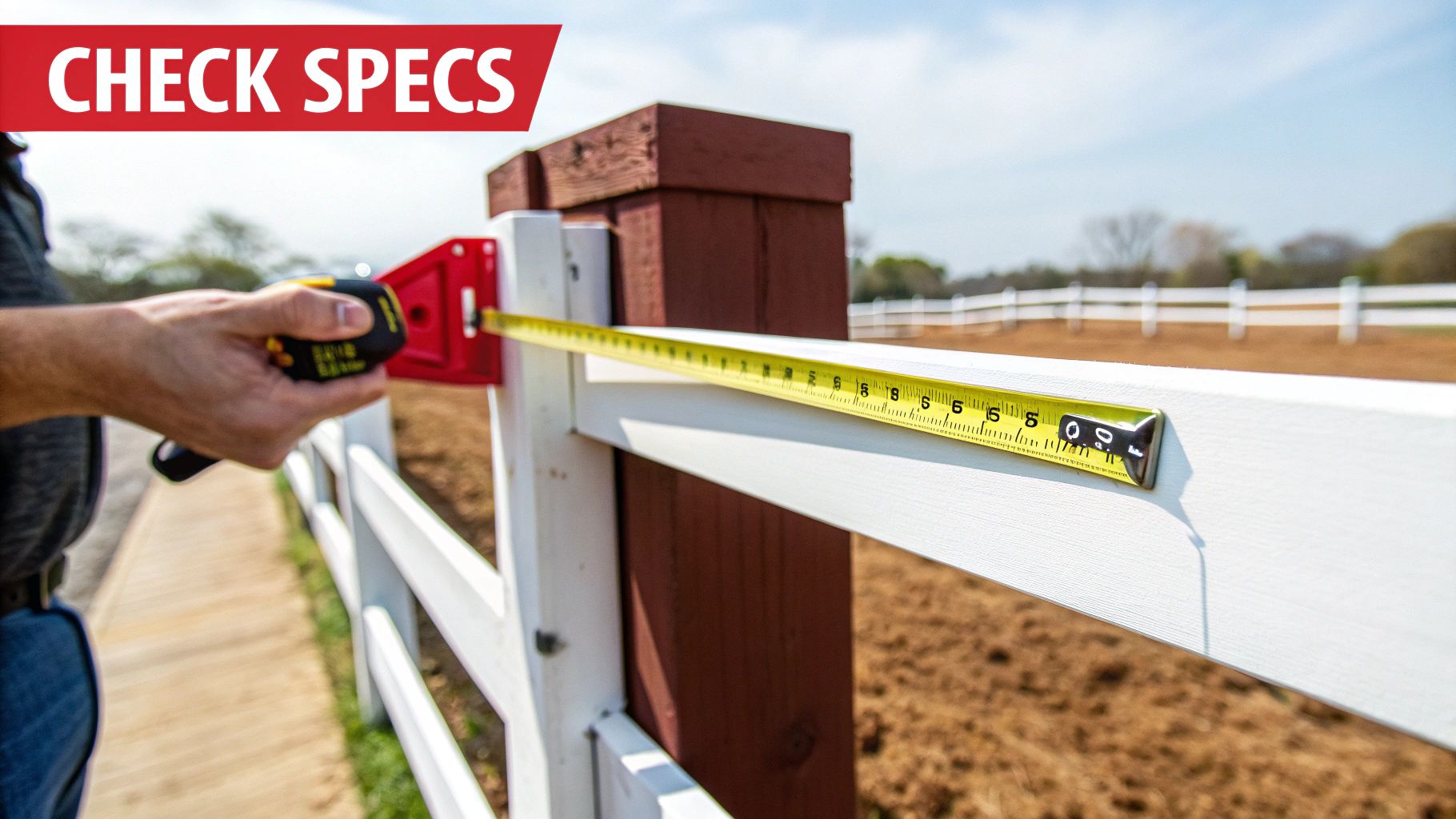 A person measures a white fence panel with a yellow tape measure, using a red tool to secure one end.