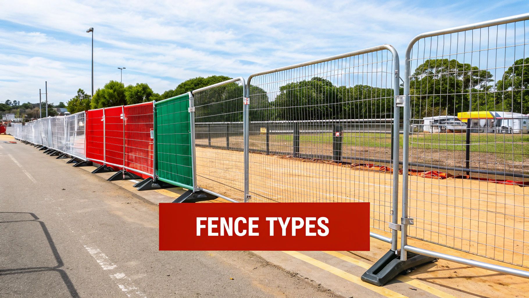 Colorful temporary fence panels in red, green, and silver on construction site showcasing fence types