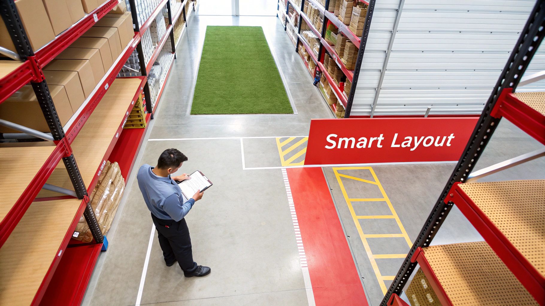Overhead view of a man inspecting a modern warehouse with storage shelves and floor markings.