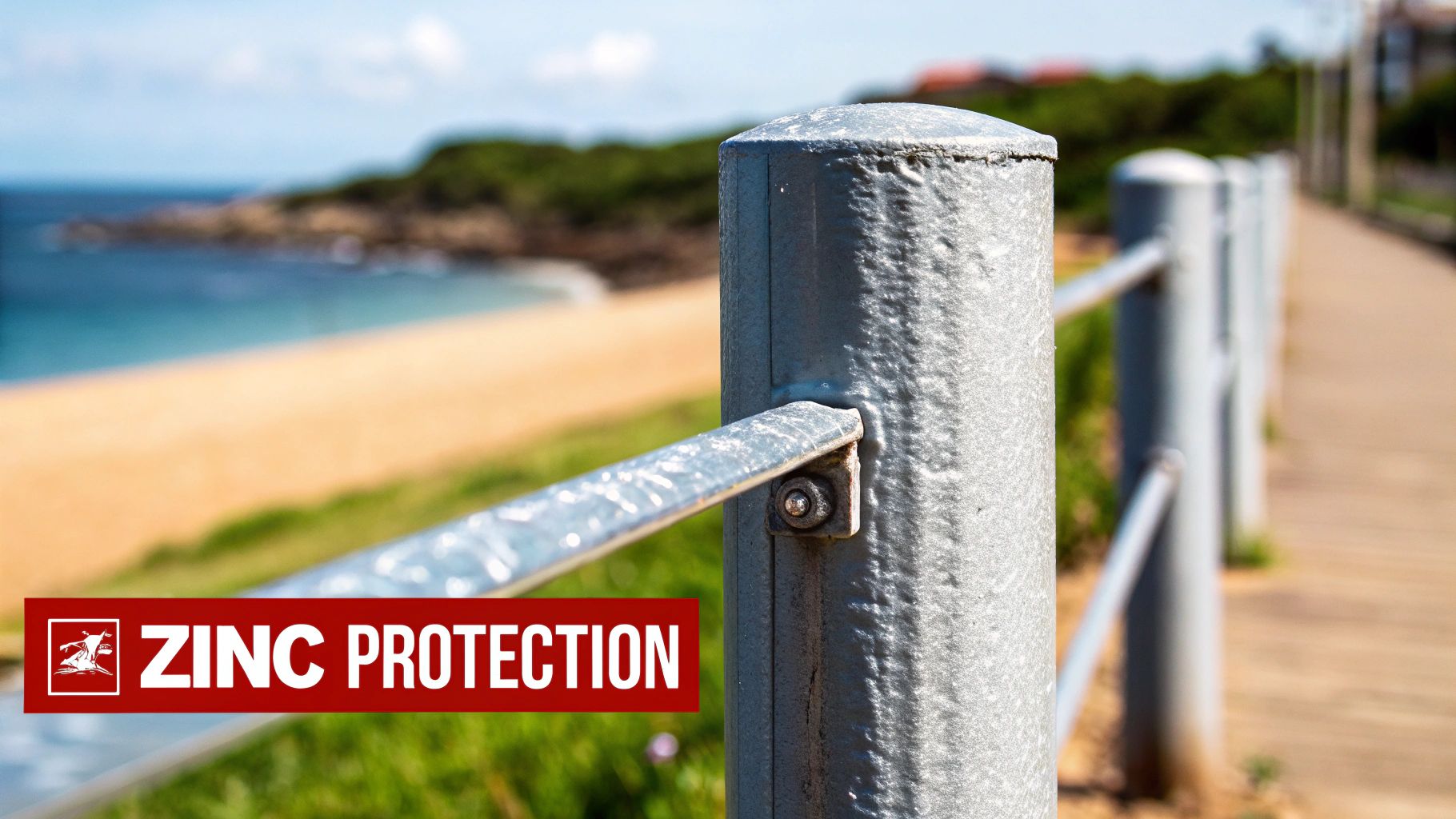 A close-up of a sturdy galvanized fence post in a rural setting.