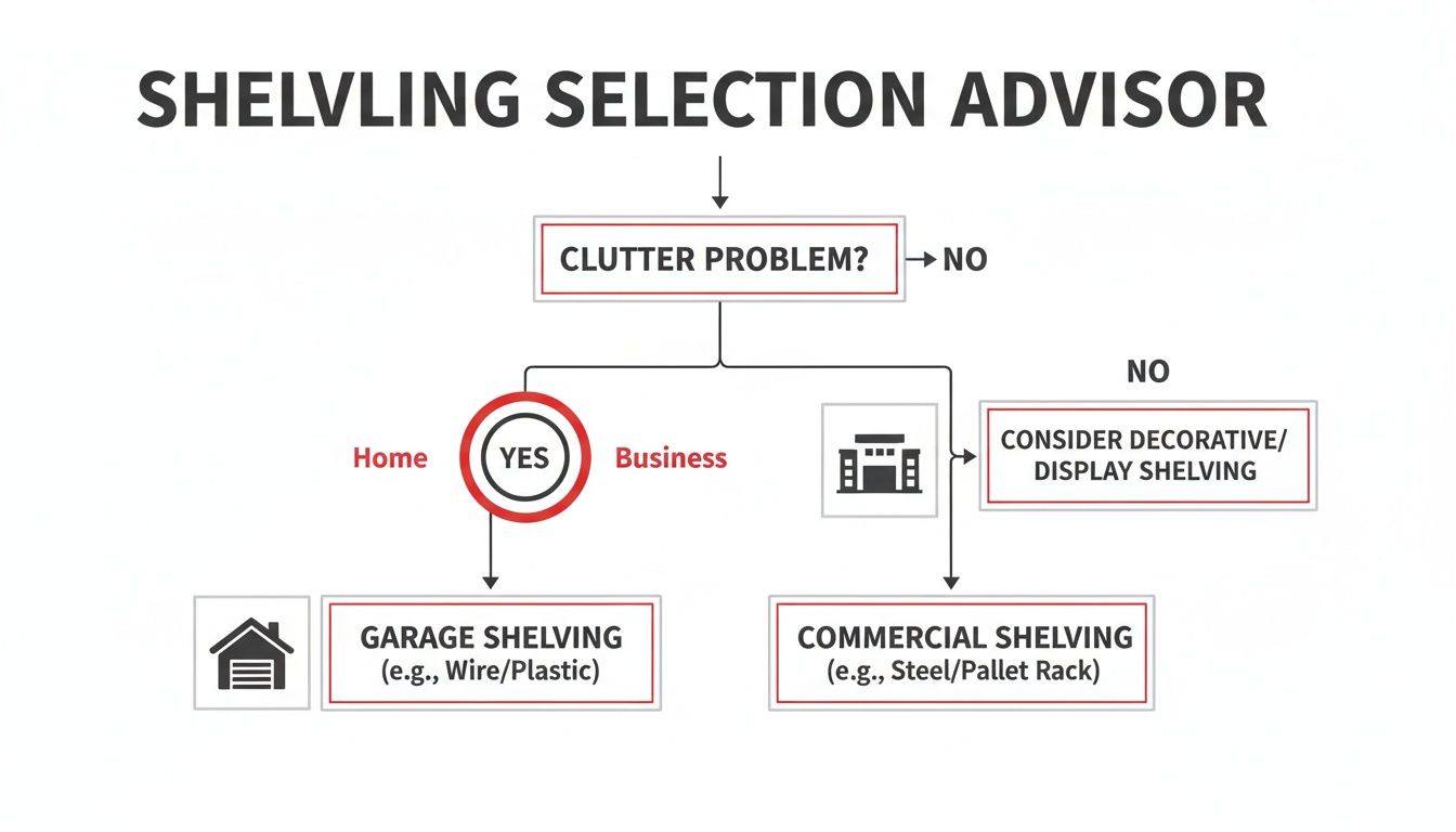 Flowchart advising on shelving selection based on clutter, location (home/business), and display needs.