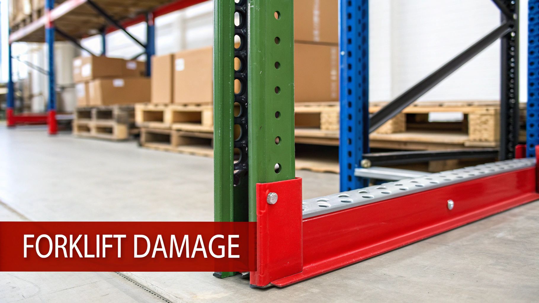 A green pallet rack upright with a red column protector and a beam at the base, indicating damage prevention in a warehouse.
