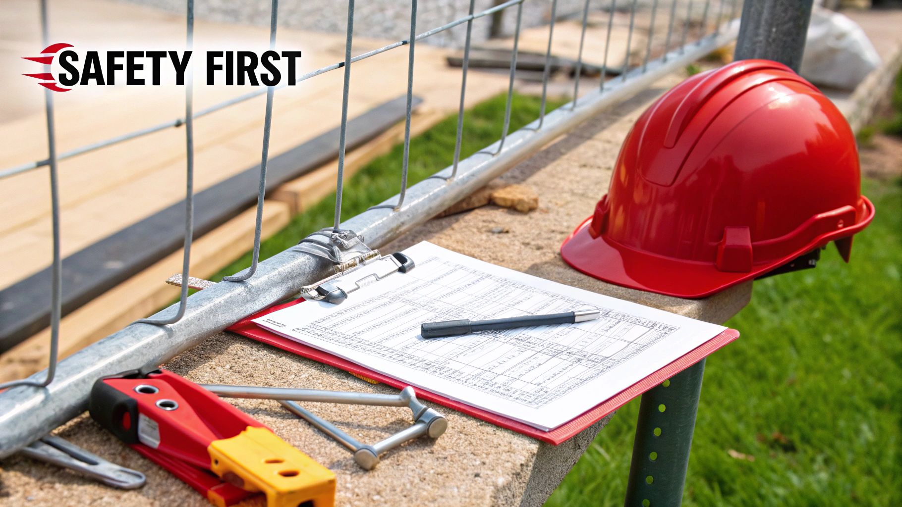 Red safety helmet and construction tools with clipboard on temporary fence at building site
