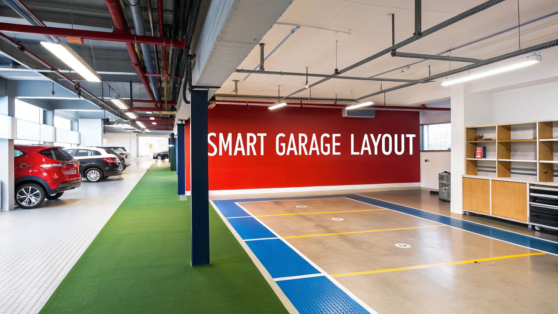 An organised garage showing clear zones for parking, a workbench, and shelving.