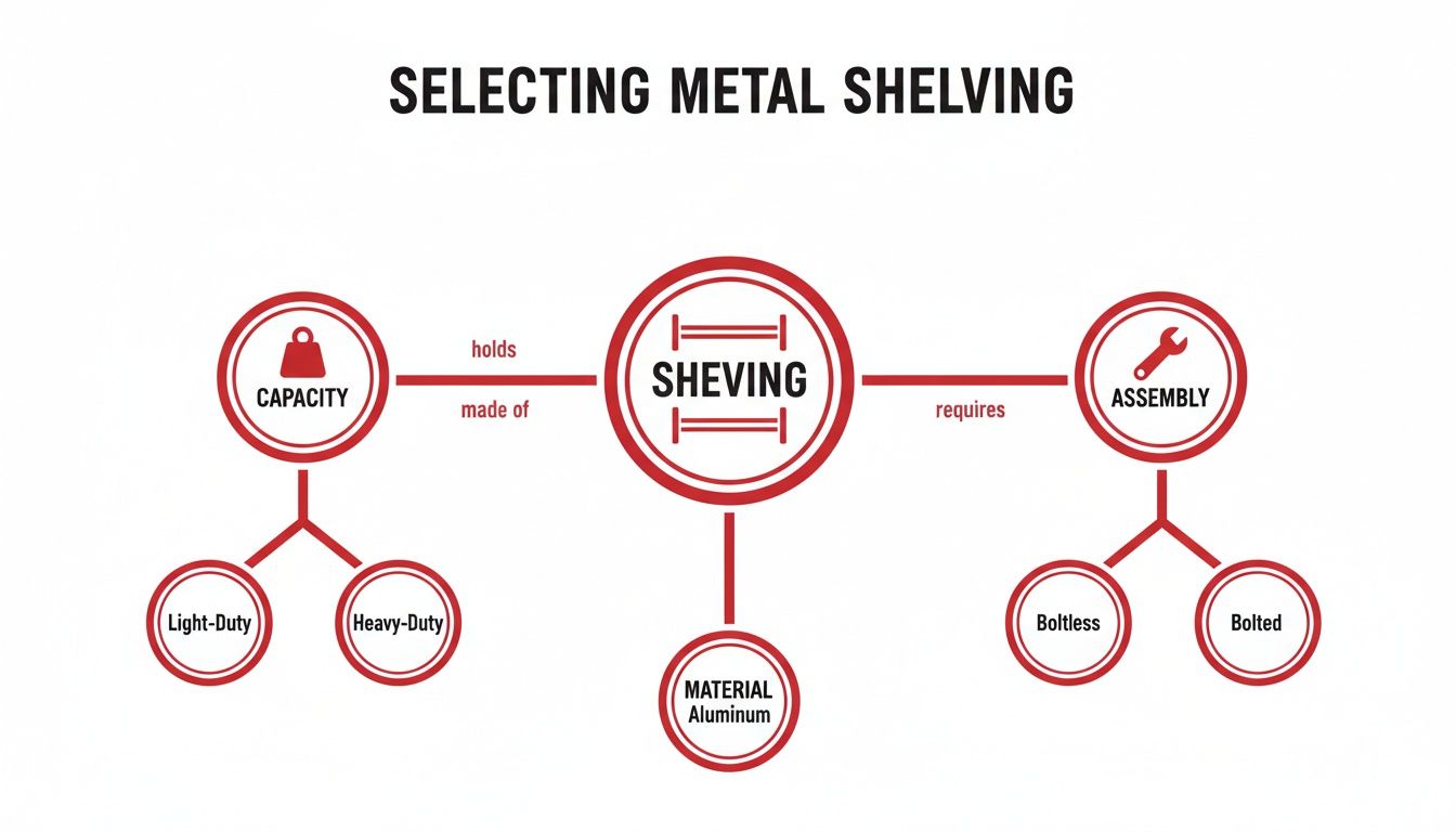 An infographic detailing metal shelving selection based on capacity, material, and assembly types.