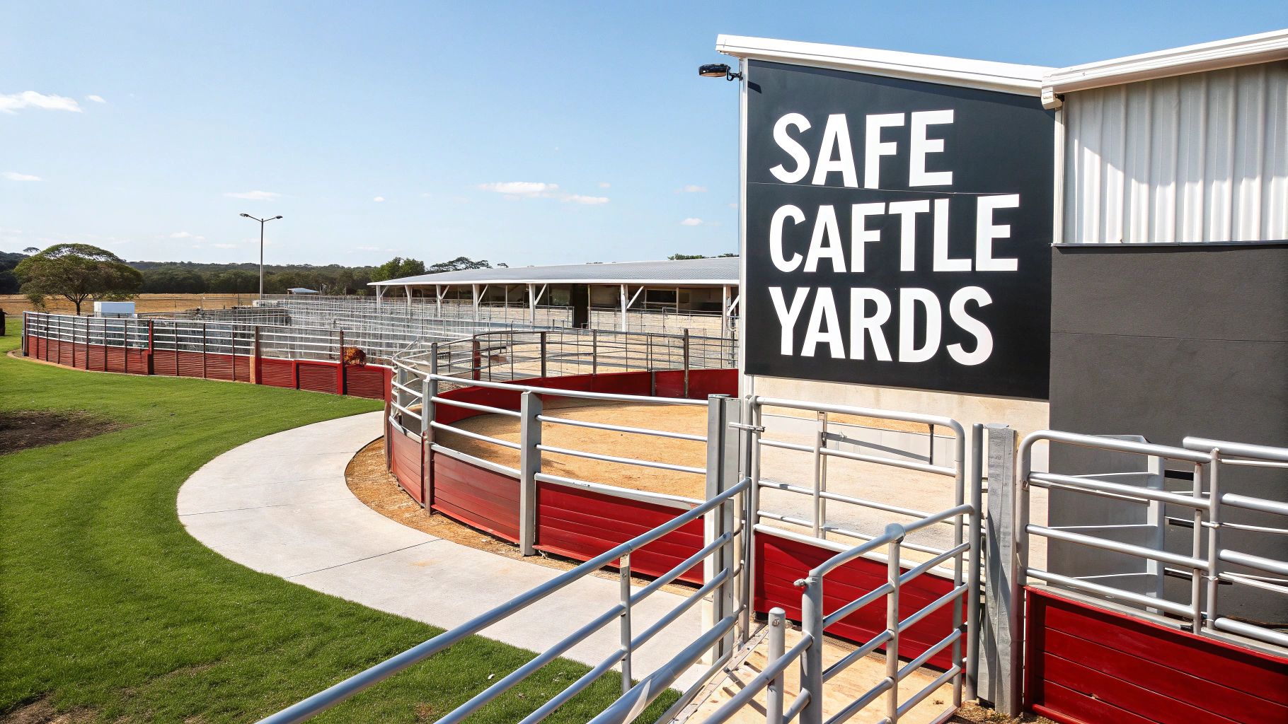 Modern and safe cattle yards facility featuring red and silver fences and a large building.