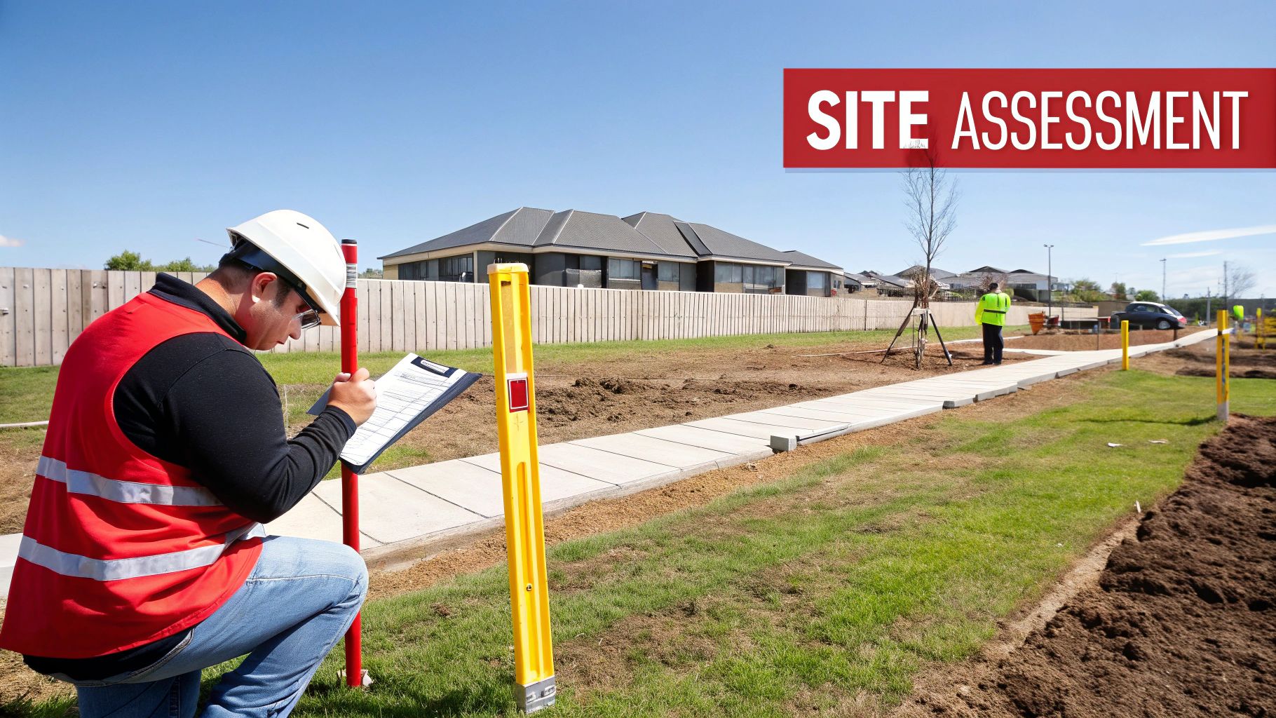 Construction worker conducting site assessment with surveying equipment at residential development project