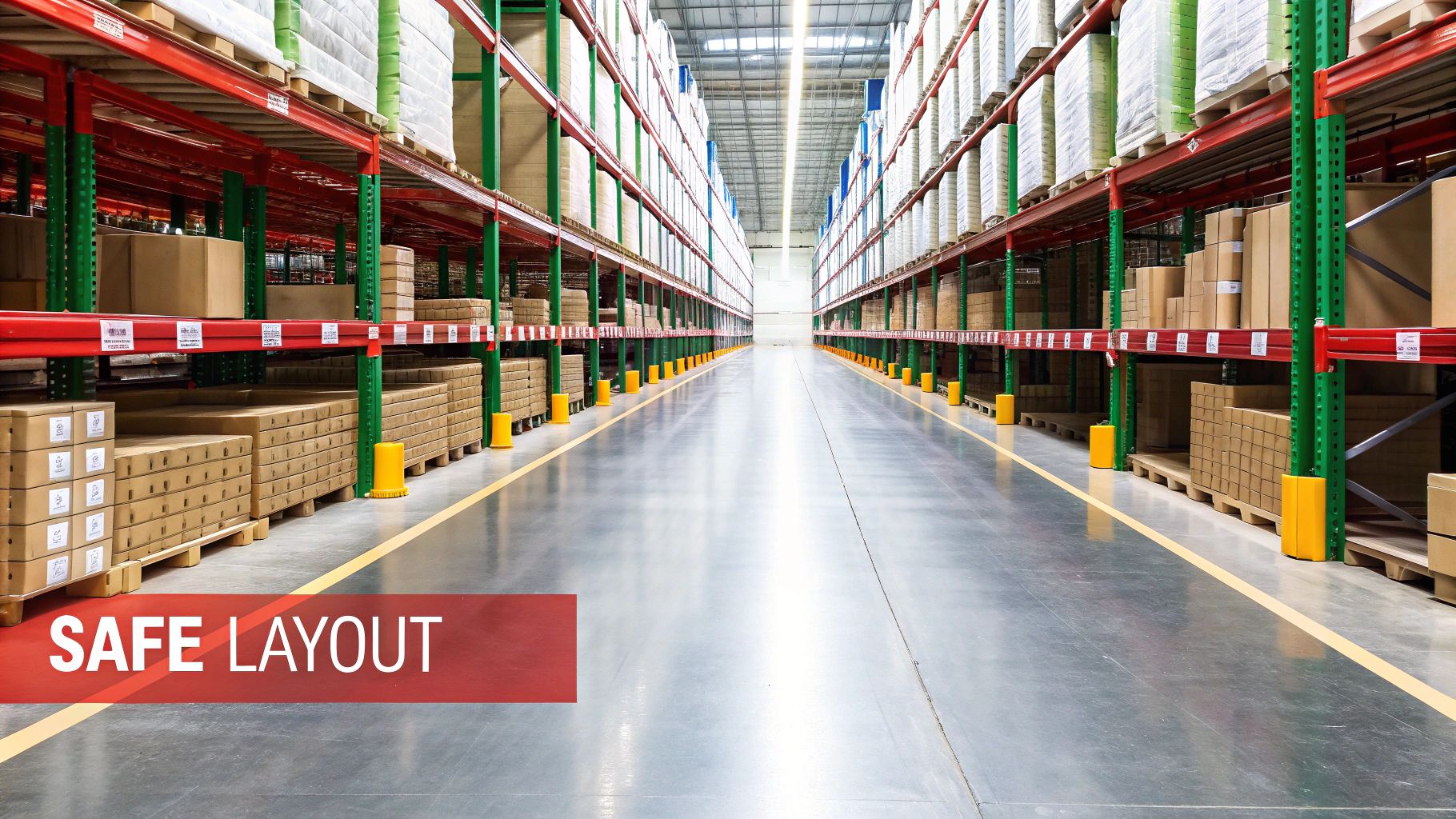 A clean, well-organized warehouse aisle with tall shelves stocked with products and a visible 'SAFE LAYOUT' banner.