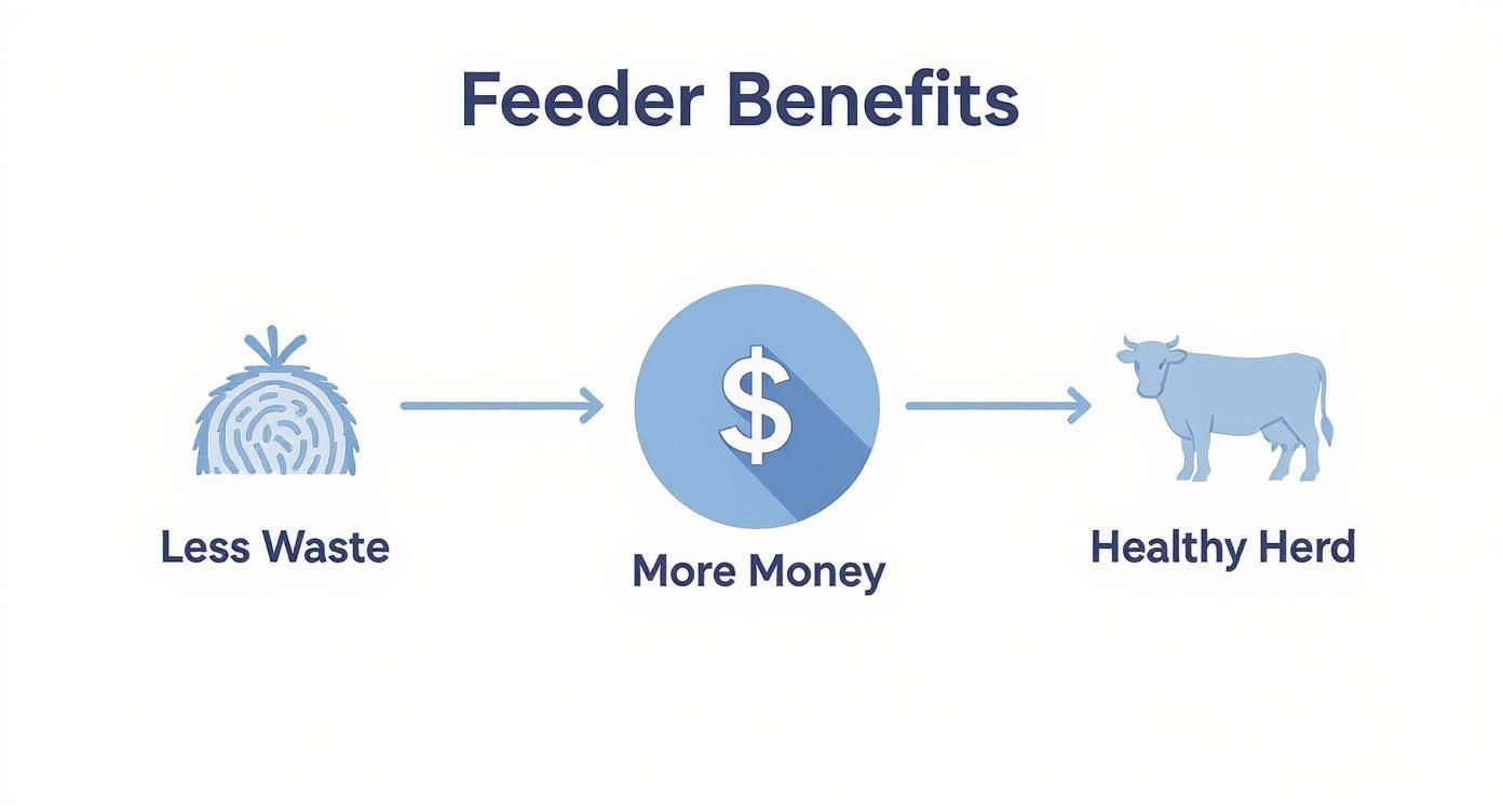 Diagram showing three feeder benefits: less waste, more money savings, and healthy cattle herd