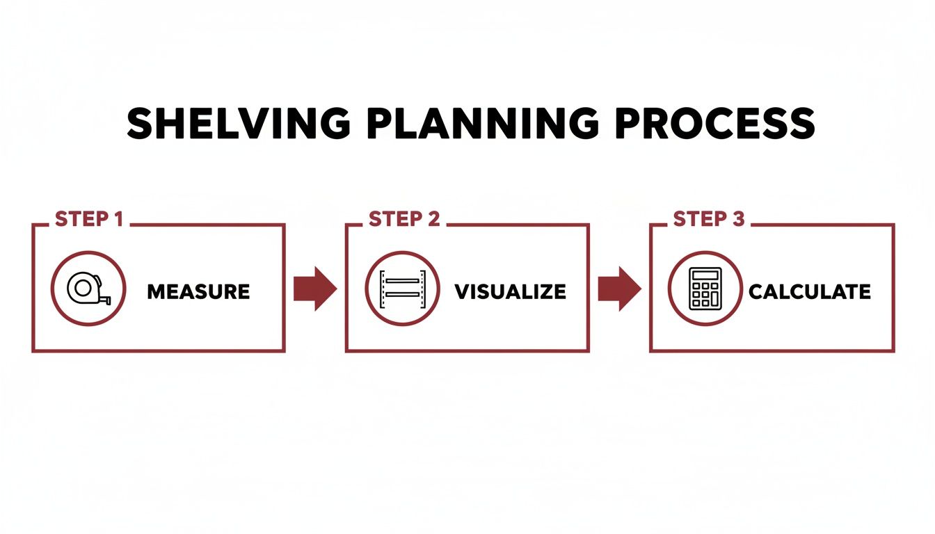 Infographic illustrating the 3-step shelving planning process: measure, visualize, and calculate for successful organization.