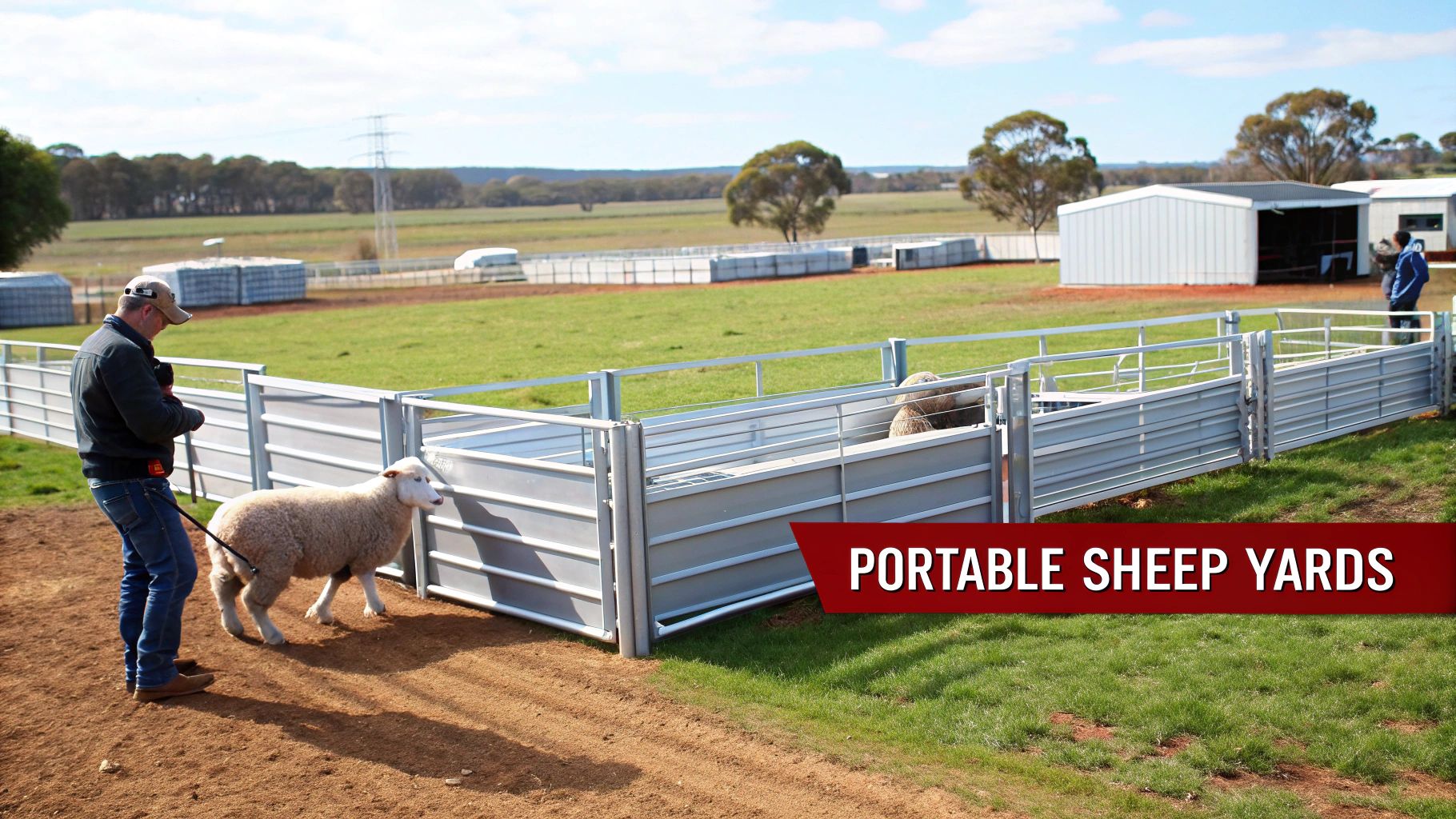 A man leads a sheep on a leash towards portable silver sheep yards in a grassy field with sheds.