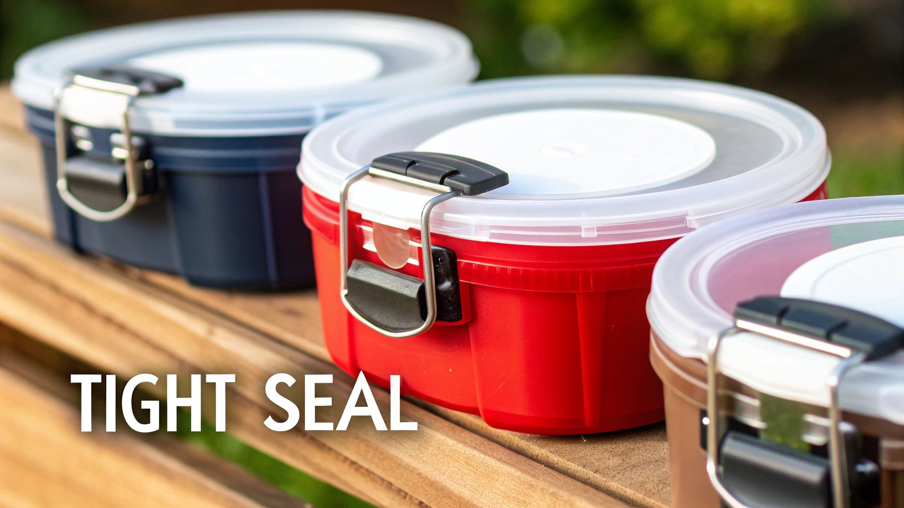 A person securely closing the lid on a plastic storage container.