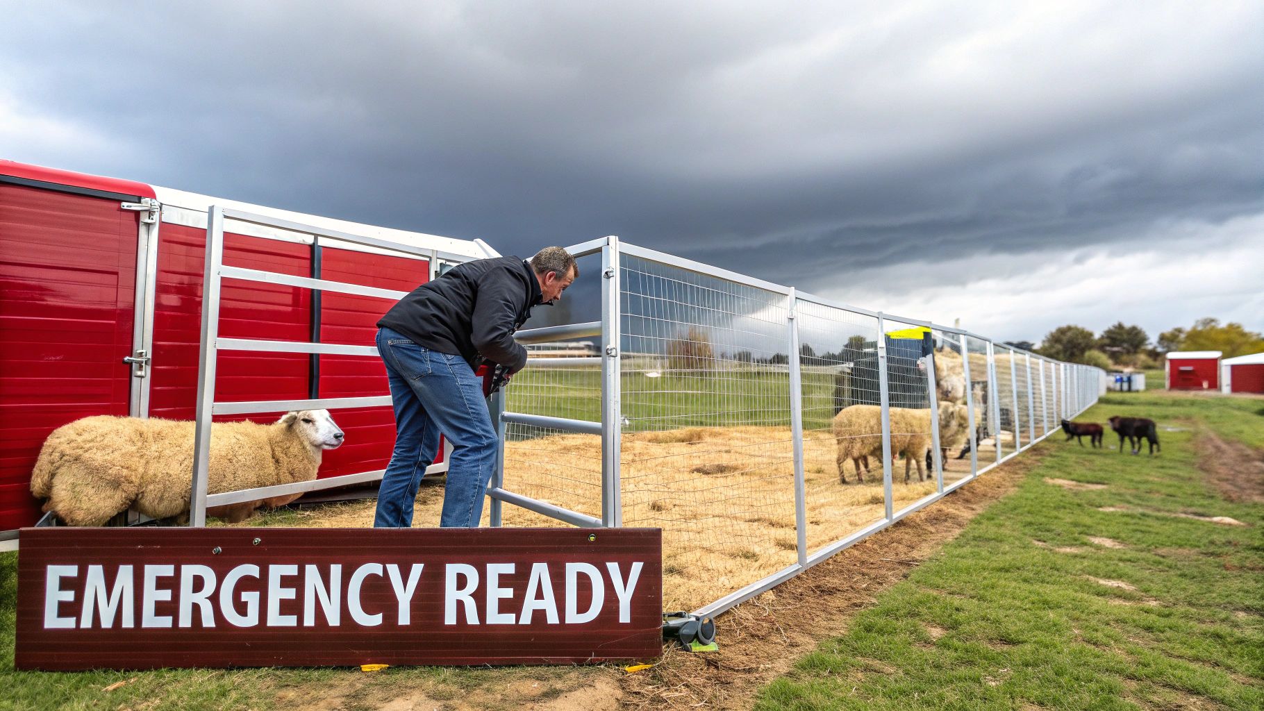 A man sets up portable sheep yards for sheep, with a red trailer and an 'EMERGENCY READY' sign, under a stormy sky.