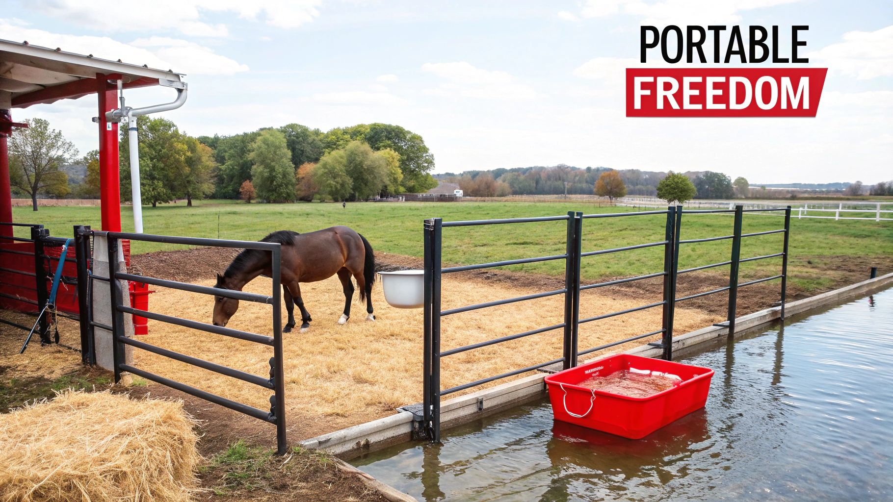 A set of portable horse yards set up in a green pasture, providing a secure enclosure for a horse.