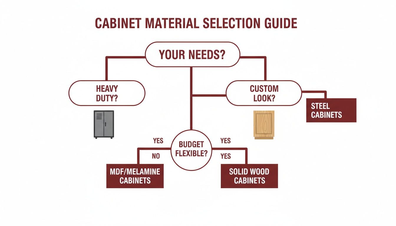 A flowchart guiding cabinet material selection based on needs, budget flexibility, and desired look.
