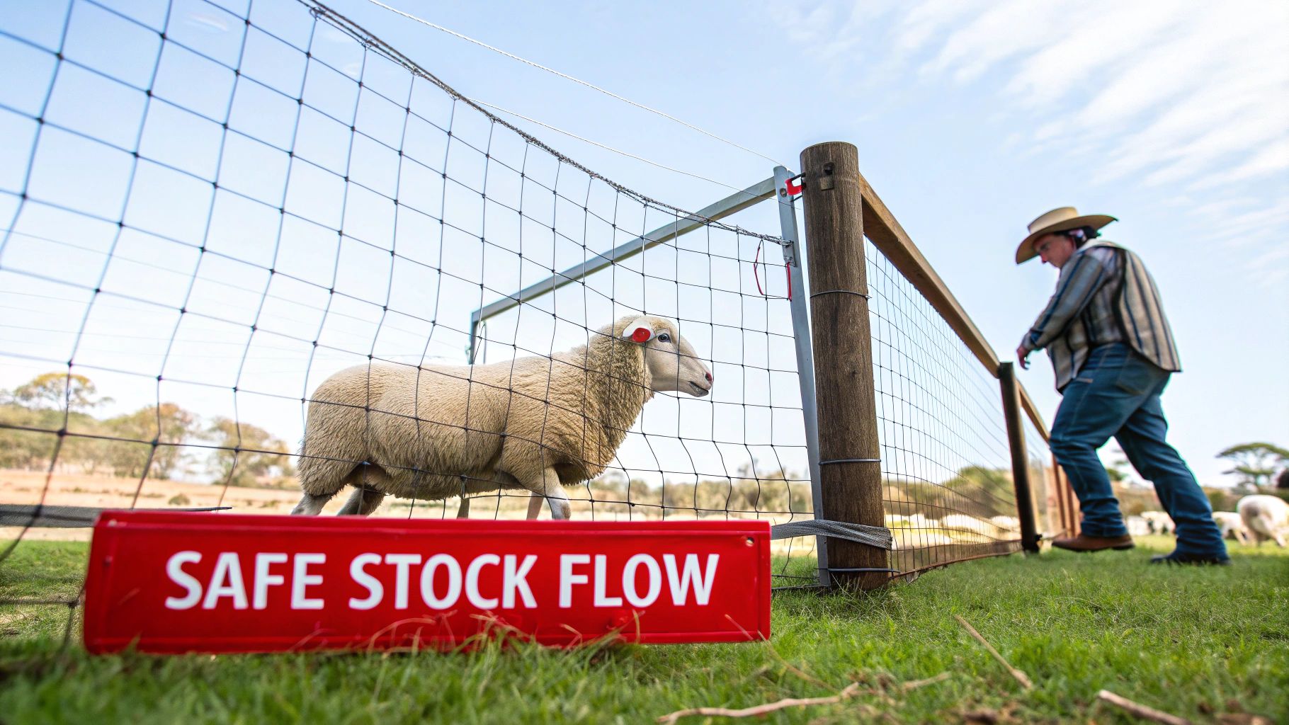 A sheep stands beside a wire fence with a farmer in a cowboy hat nearby, next to a red 'Safe Stock Flow' sign.