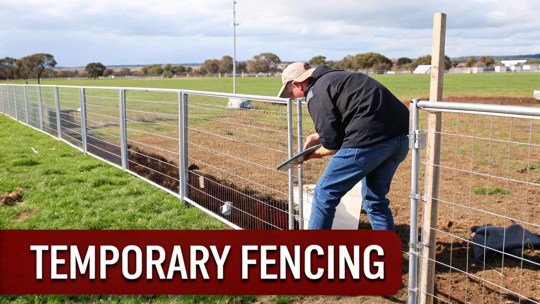A man installs temporary metal fencing panels in a green rural field under a cloudy sky.