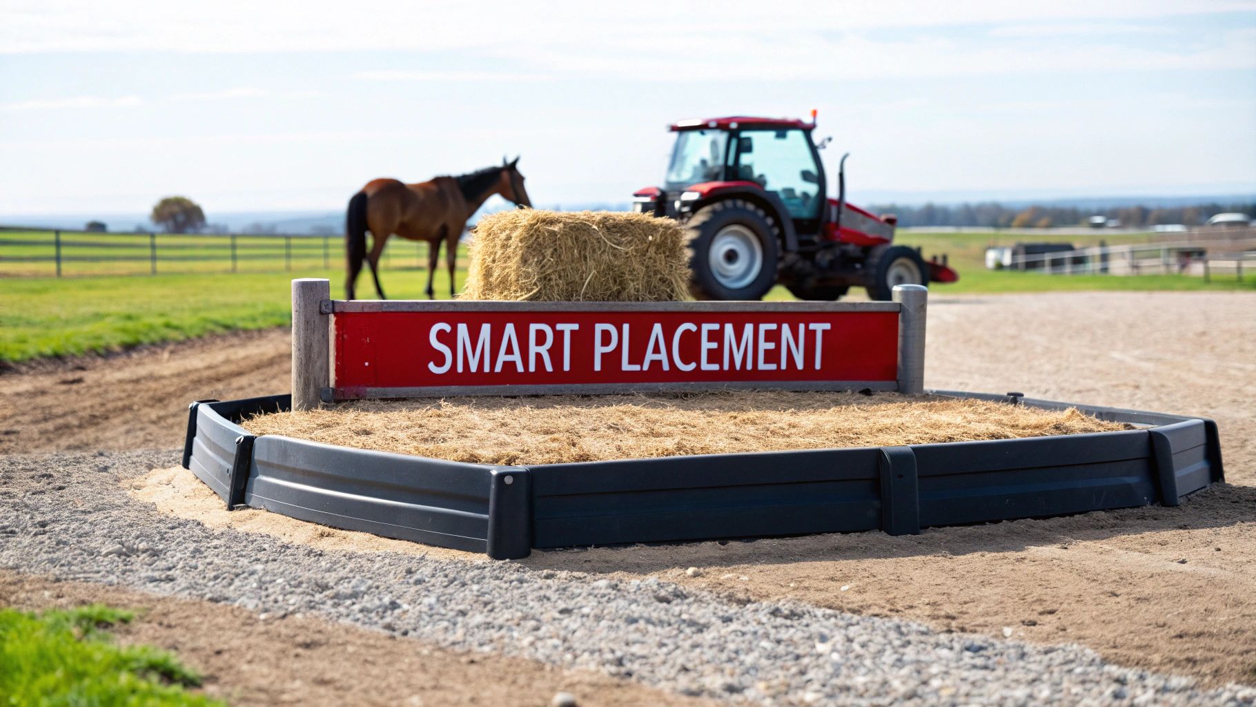 A red 'SMART PLACEMENT' sign stands by an outdoor hay feeder, with a horse and tractor.