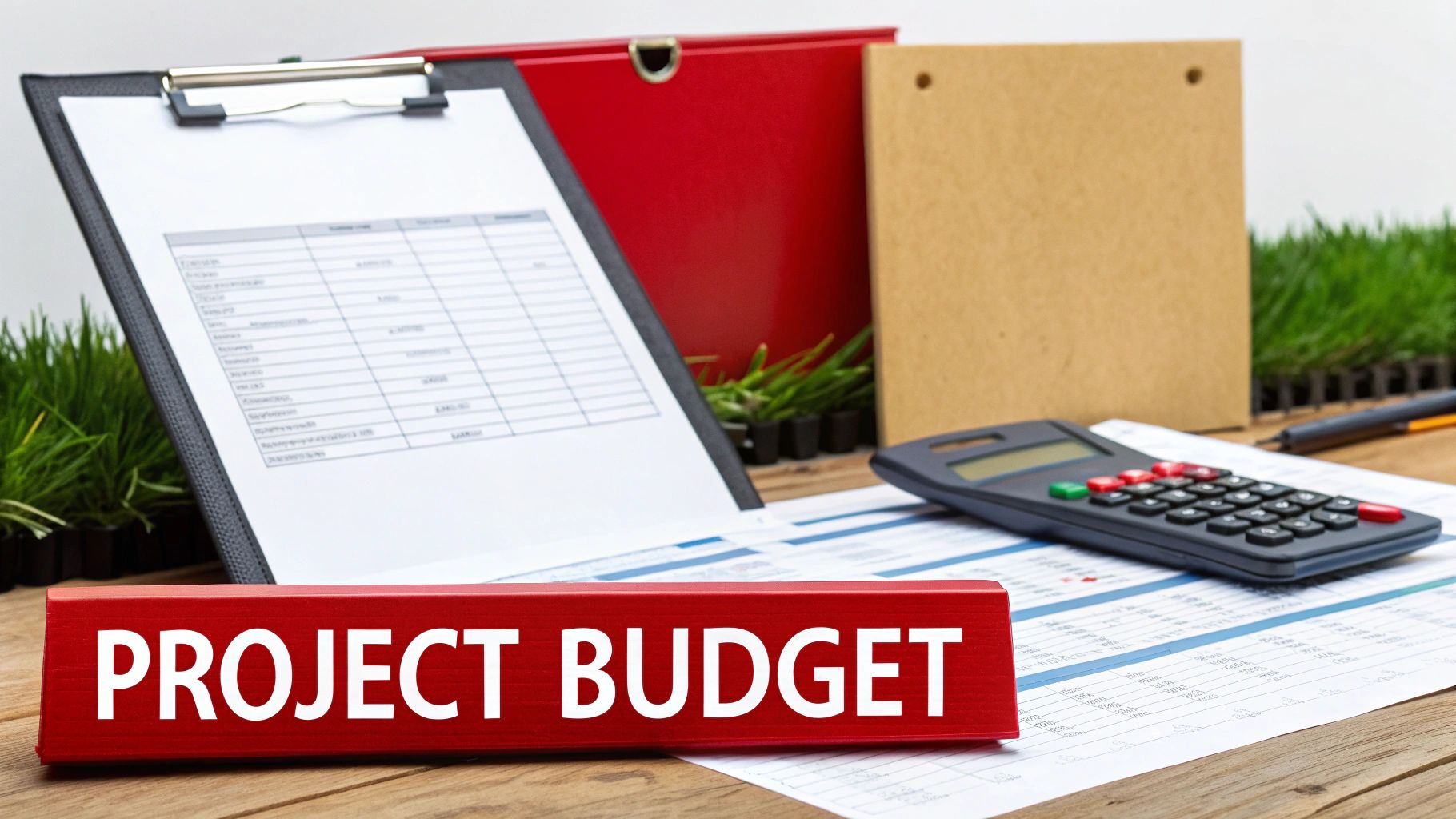 Project budget planning desk with calculator, clipboard, financial documents, and office supplies