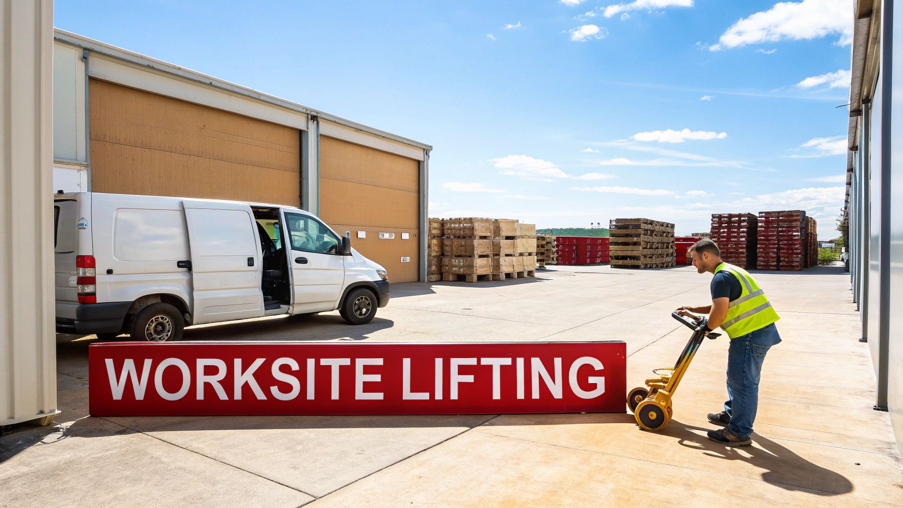 A worker using a hydraulic lifting trolley in a warehouse setting.