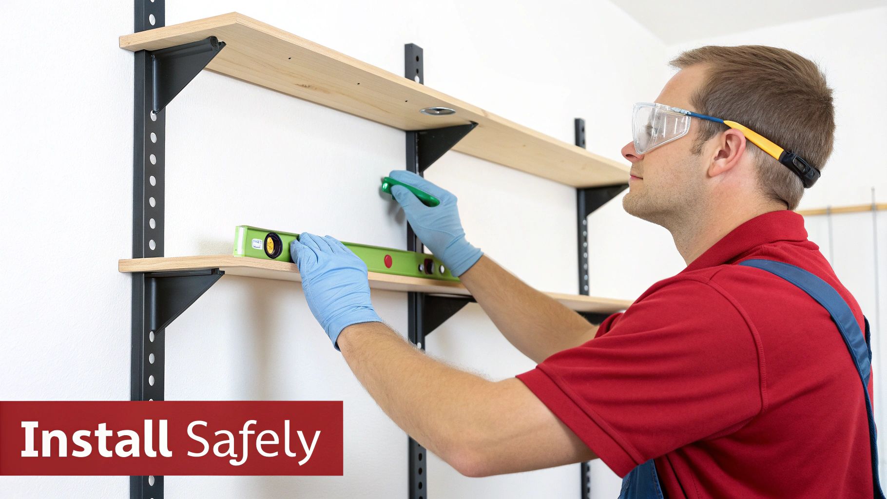 Man wearing safety glasses and gloves uses a level to install wall-mounted wooden shelves.
