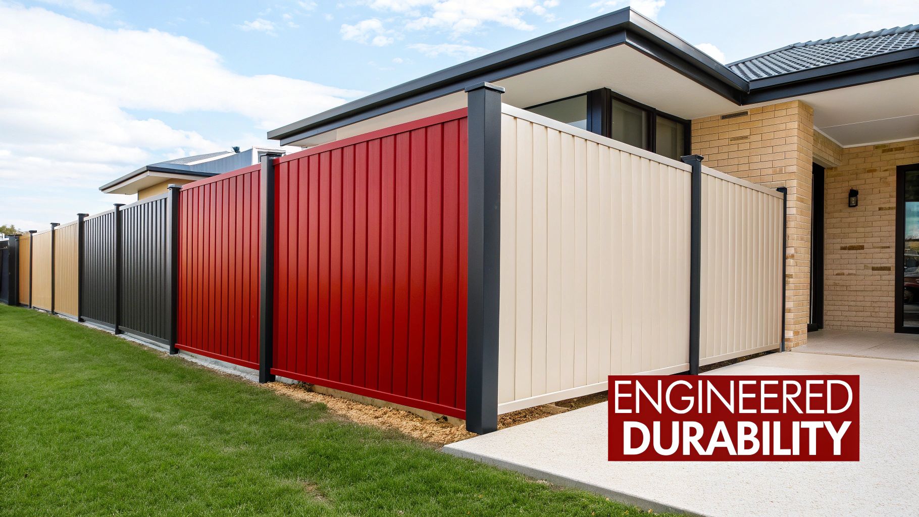 A modern Australian home with a stylish grey Colorbond fence, showcasing its sleek design and durability.