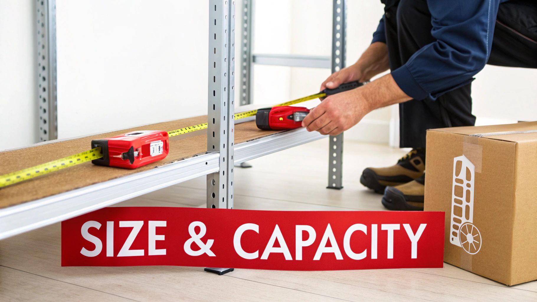 A person measuring a space to fit a metal shelving unit.