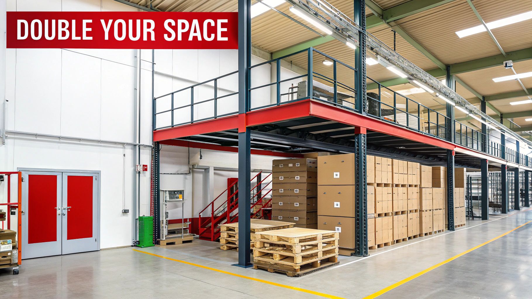 A spacious warehouse with a newly installed mezzanine floor, showcasing the expanded storage capacity.