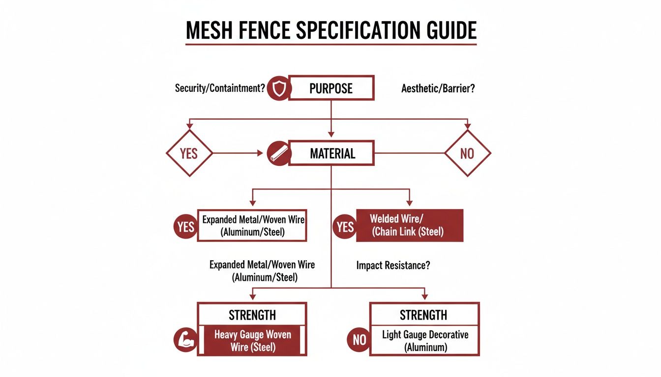 Flowchart guiding mesh fence specifications based on purpose, material, strength, and impact resistance.
