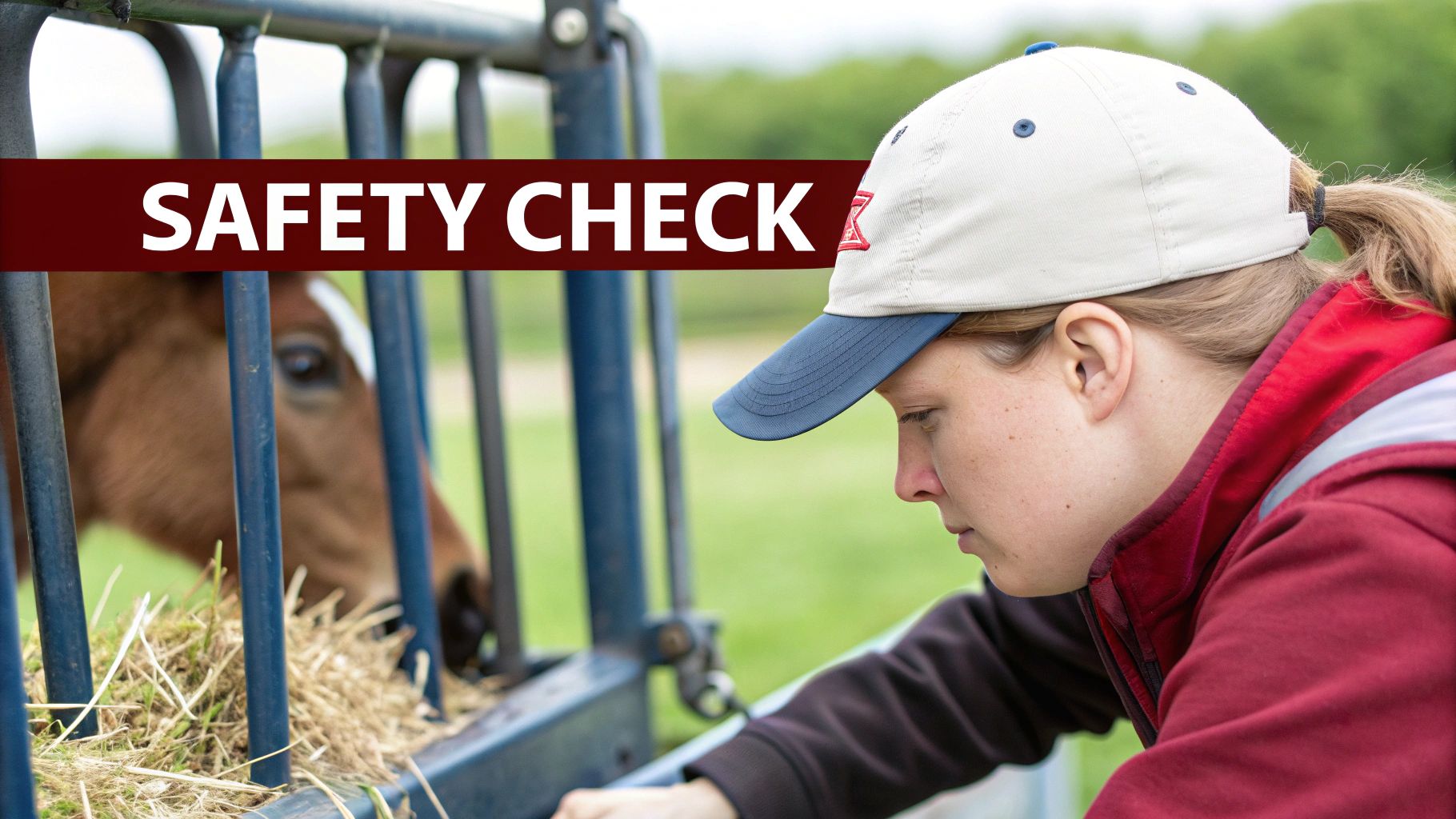 A person in a baseball cap performs a safety check on an equine hay feeder with a foal eating hay.