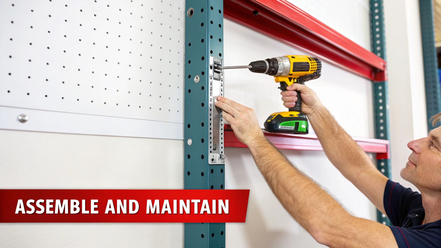 A person safely assembling a steel storage shelf unit in a clean workspace.