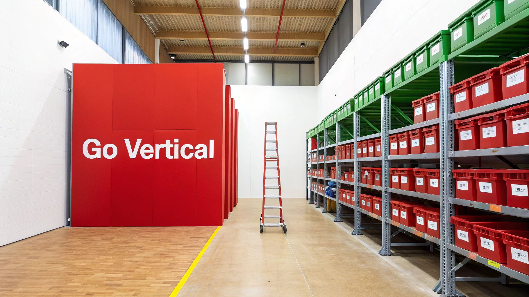 Organised shelving units maximising vertical space in a storage area.