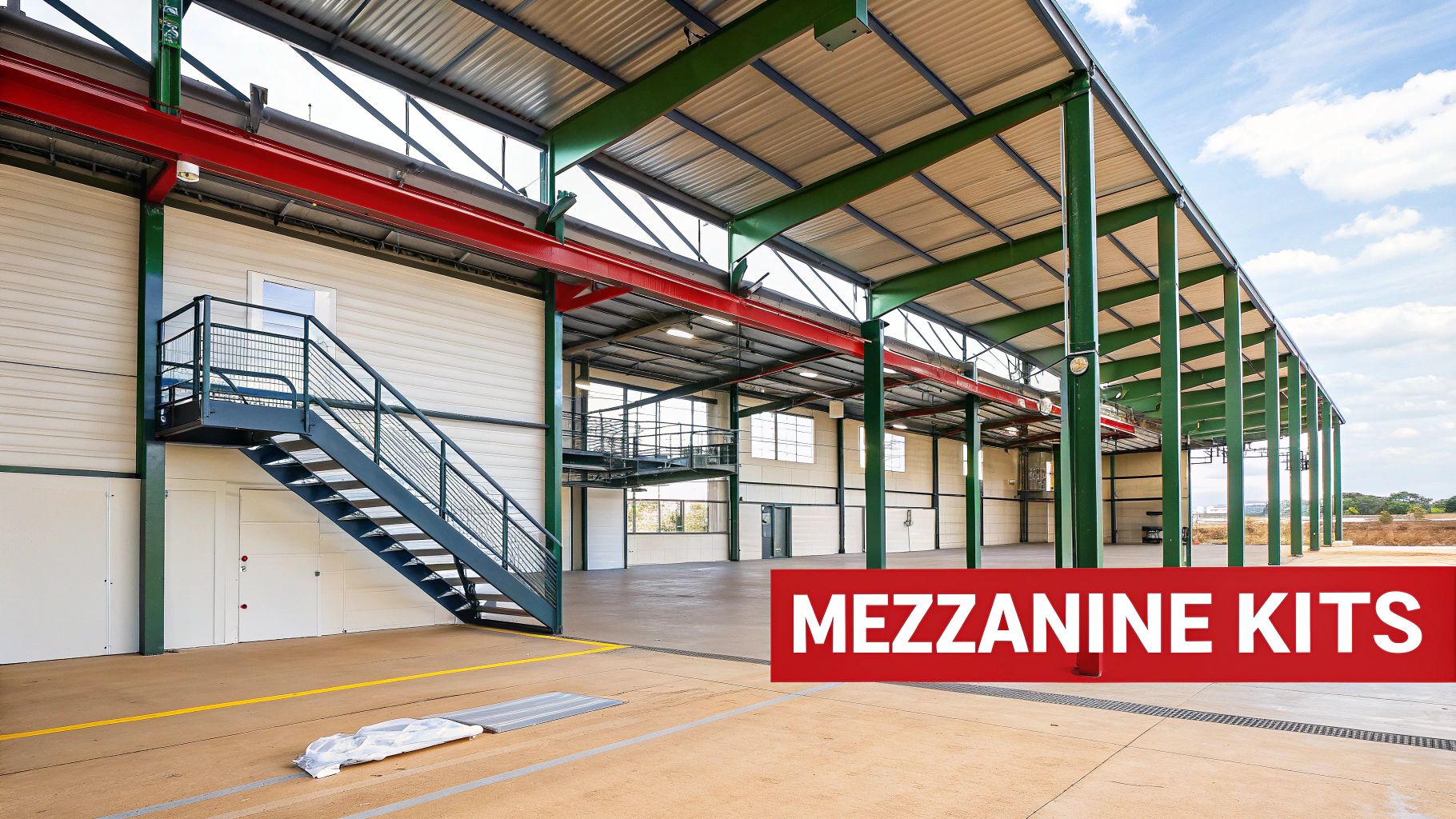 A well-organized warehouse featuring a sturdy mezzanine floor kit, creating an upper level for storage and operations.