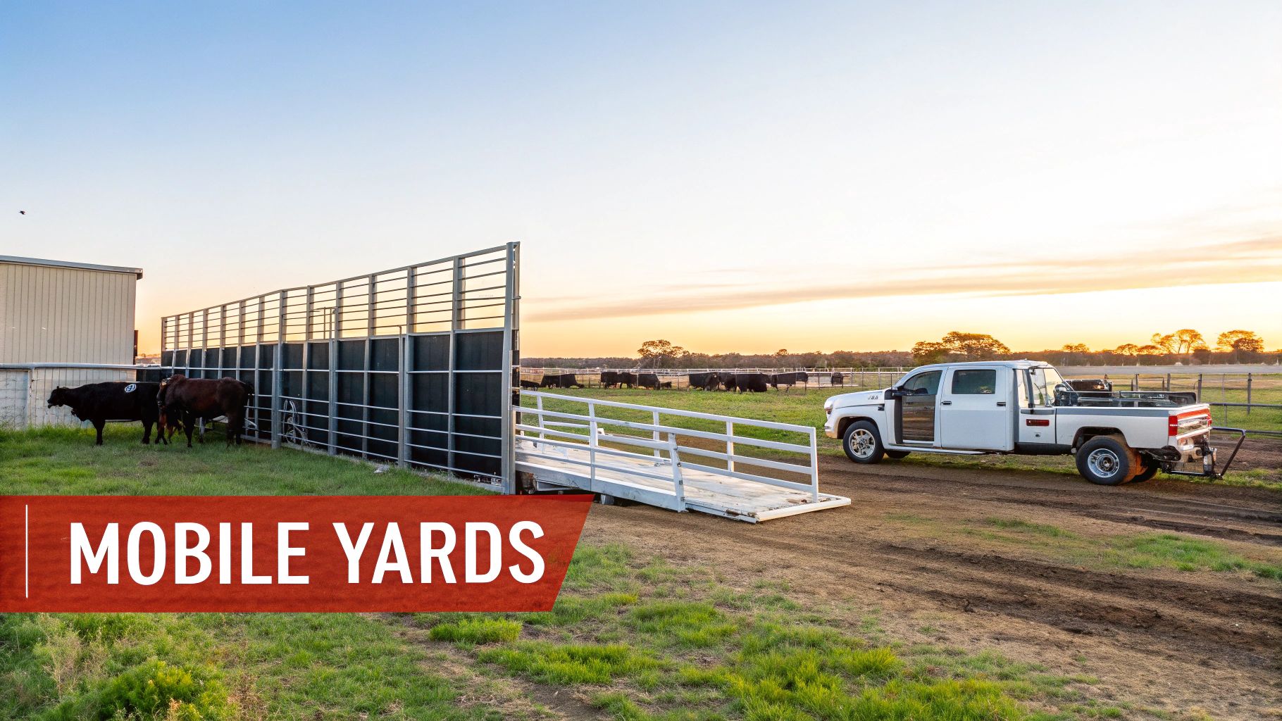 Mobile cattle yards set up in a rural field with a white pickup truck and cows at sunset.