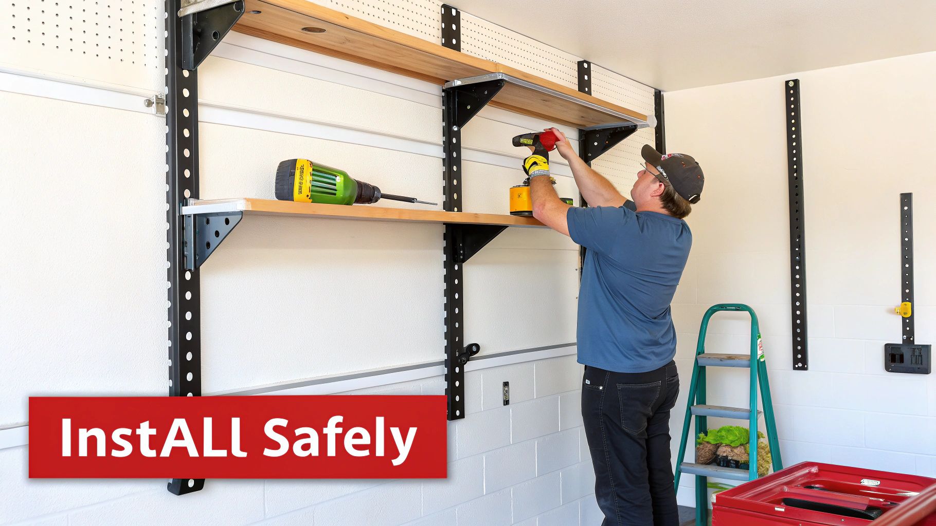 A person safely installing a metal shelving unit in a clean workspace.