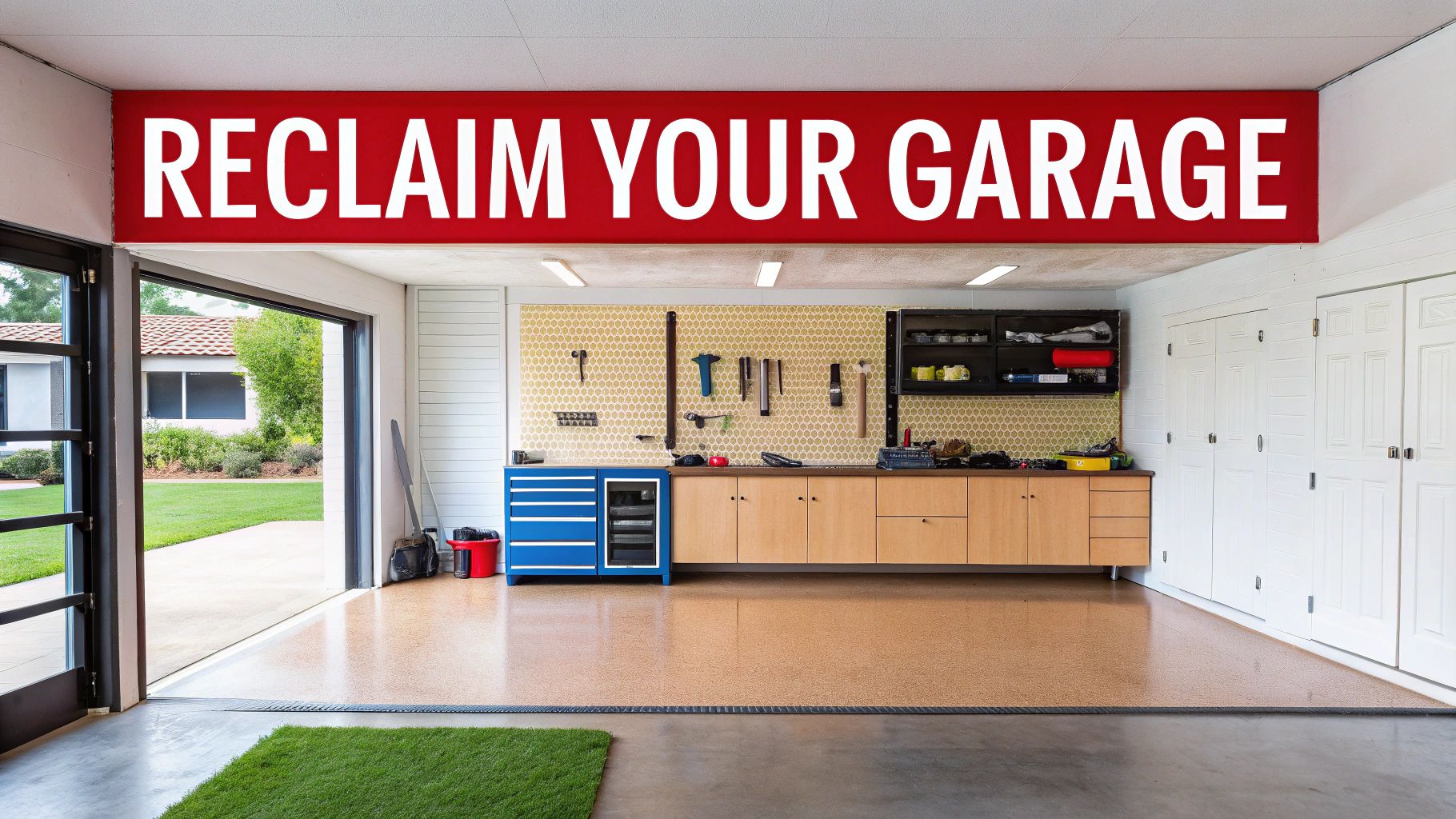 A well-organised garage featuring shelving and cabinets for storage.