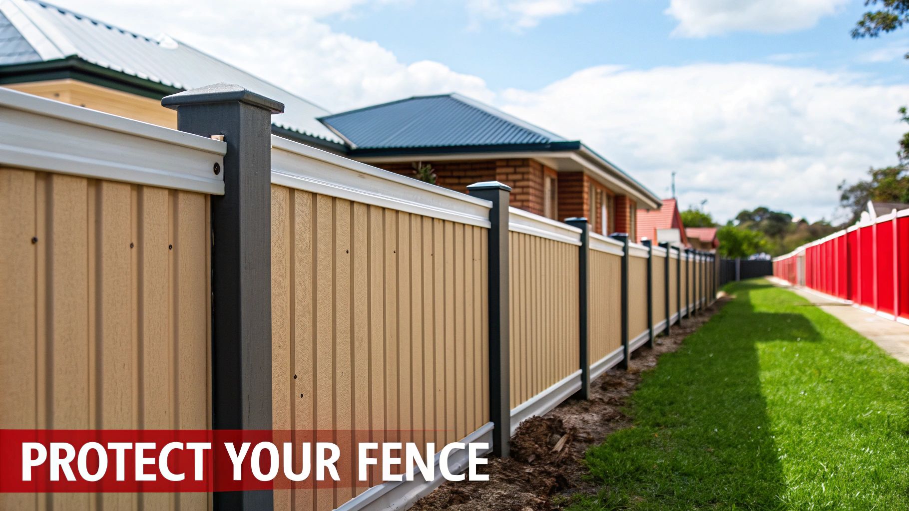 A long Colorbond style fence with light brown panels, dark posts, and white capping, next to a green lawn.