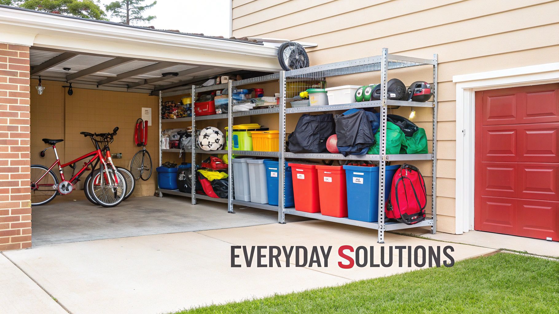 A tidy suburban garage with tools and boxes organised on metal shelving units.