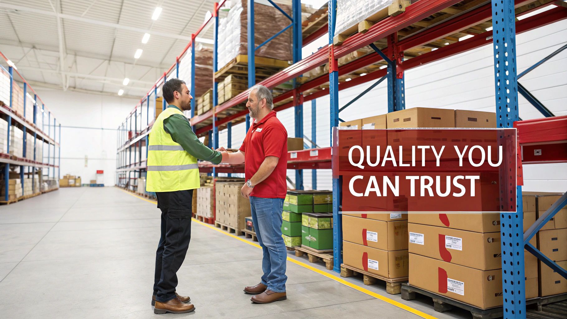 Two men in a large warehouse shaking hands, surrounded by tall pallet racks filled with boxes.