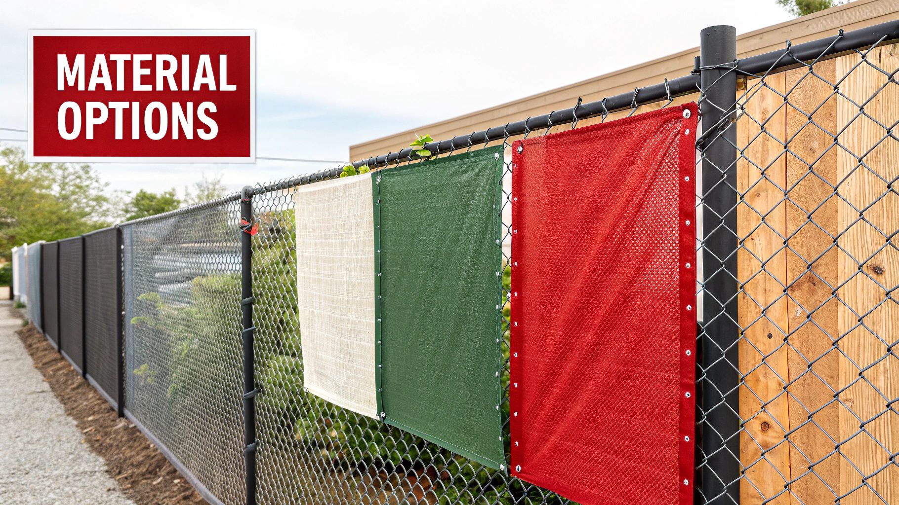 A close-up shot of a dark green, high-quality fence privacy screen material, showing its texture.