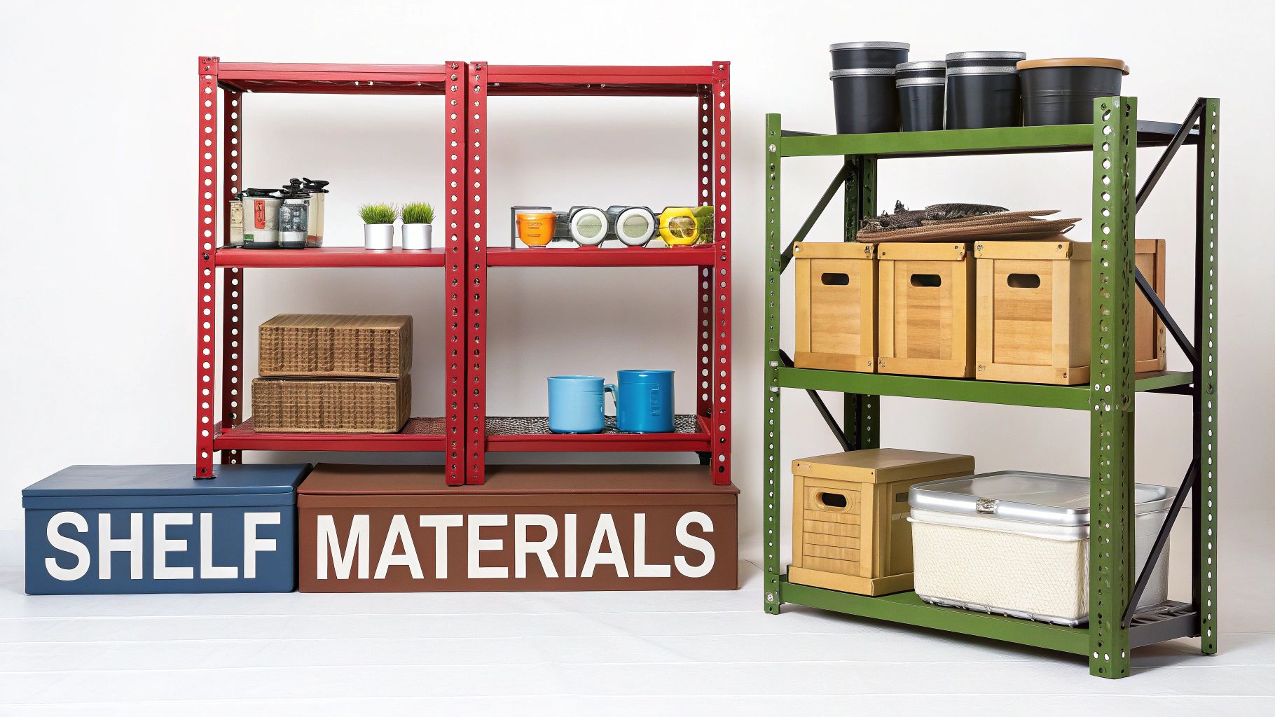 Two colorful metal shelving units, red and green, neatly organized with various storage items.