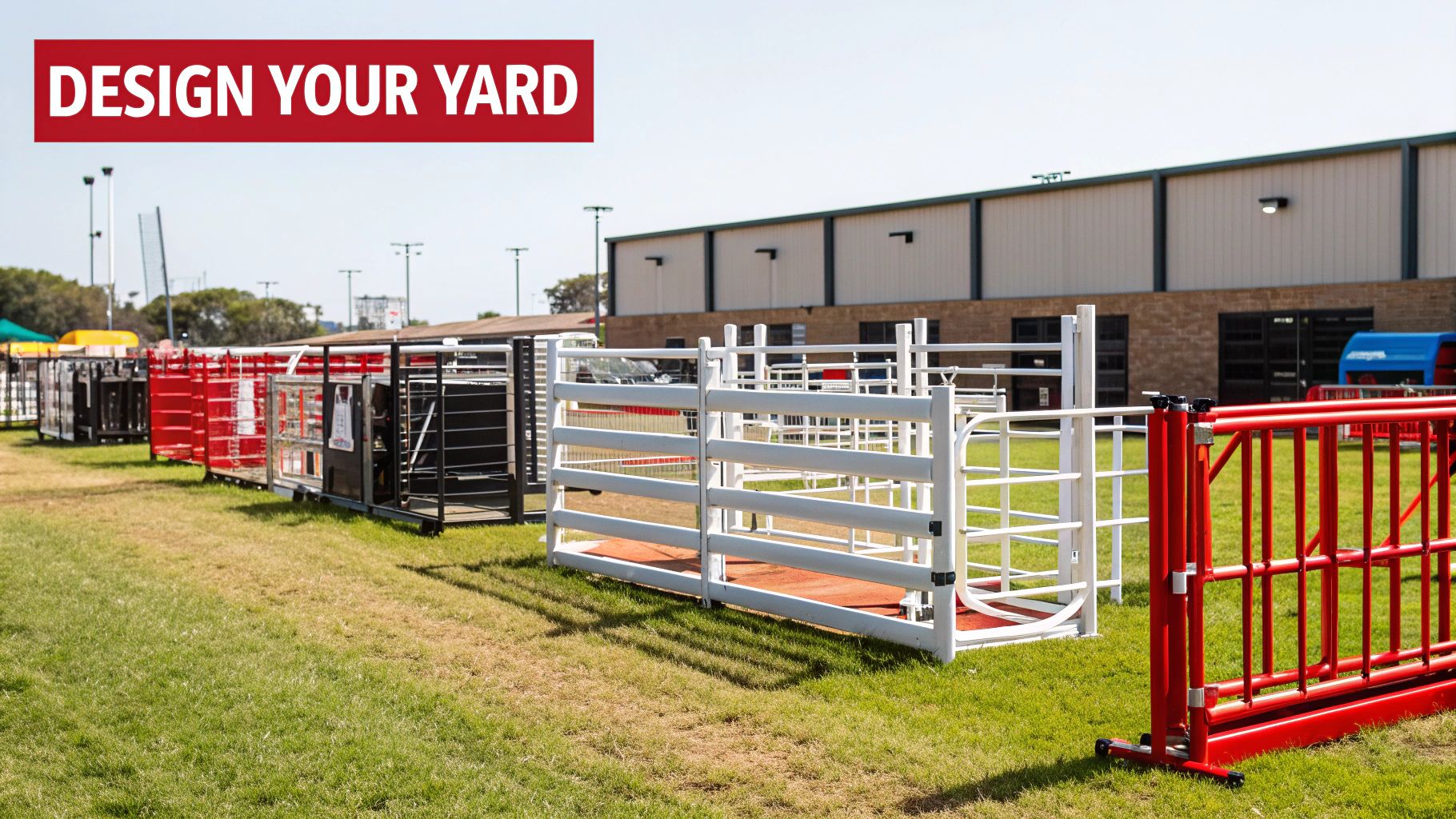 Various mobile cattle yard components in red, white, and black displayed on grass with a building in the background.
