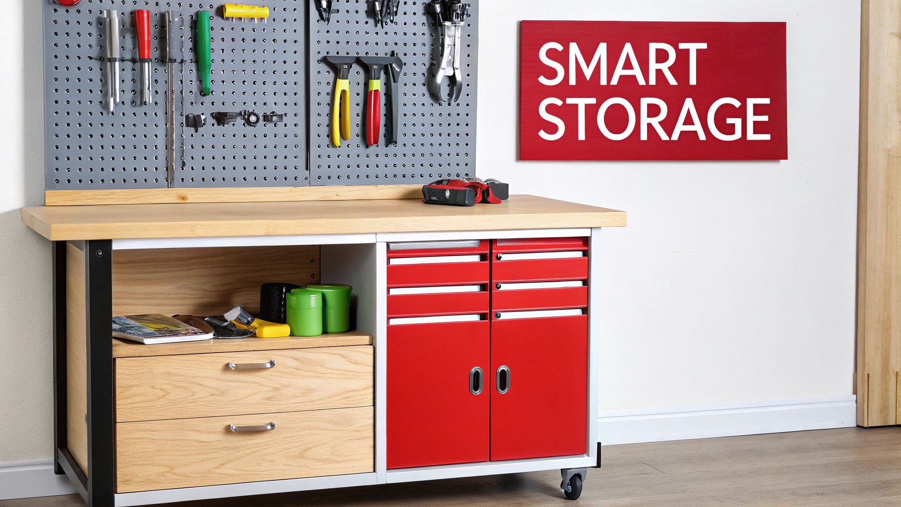 A well-organised garage workbench with various storage features like drawers and pegboards.
