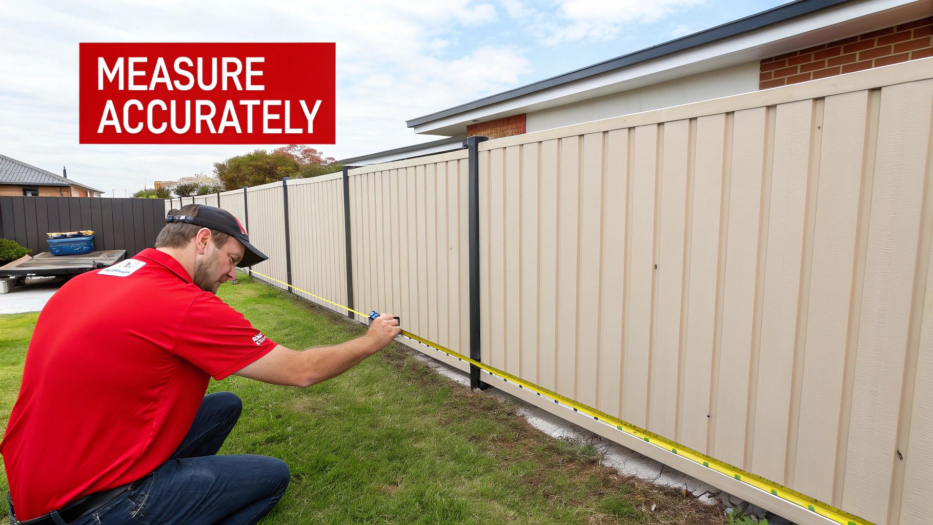 A man accurately measures a cream colorbond fence with a yellow tape measure in a garden.