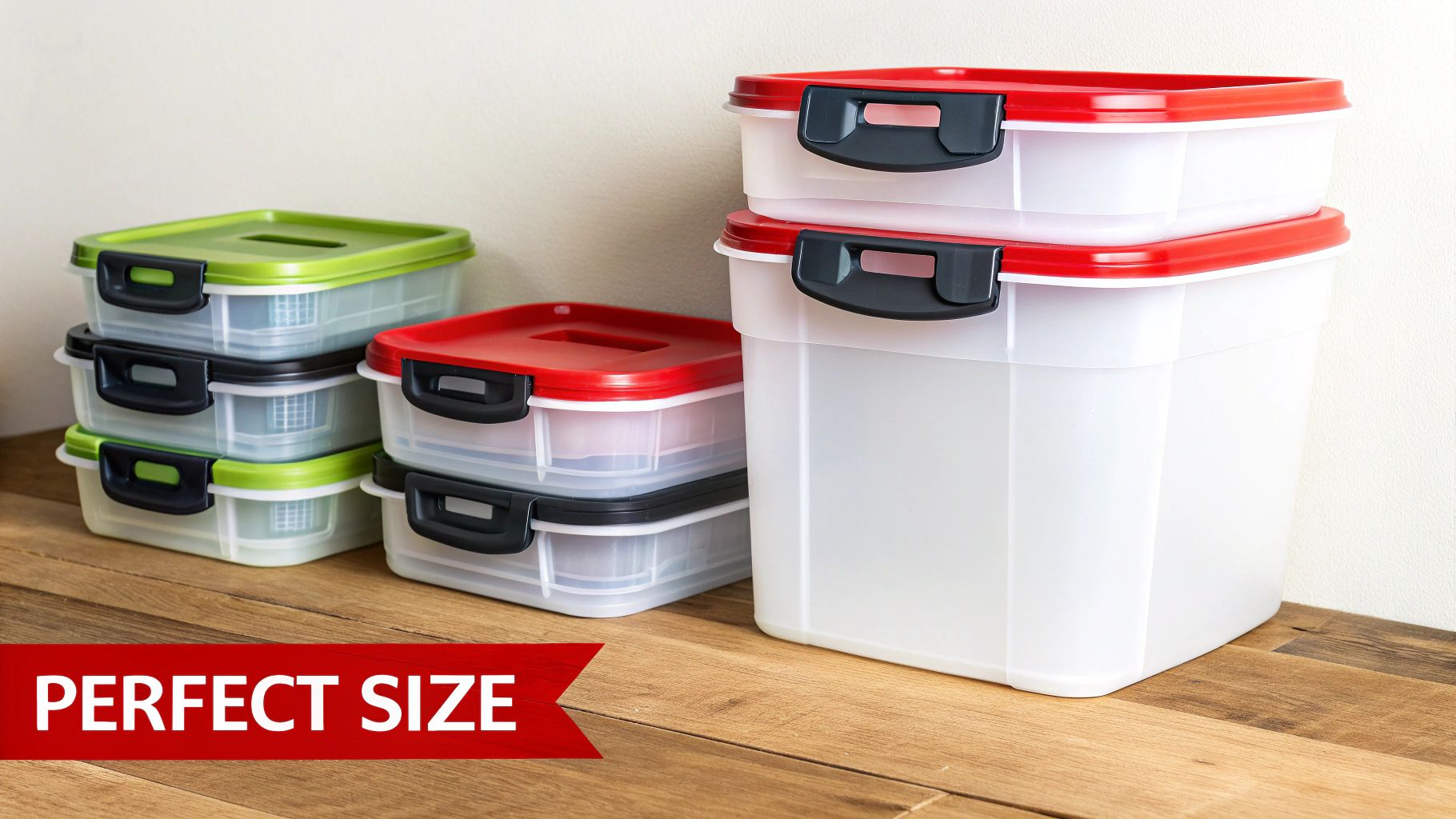 A stack of various-sized plastic storage containers ready for use.