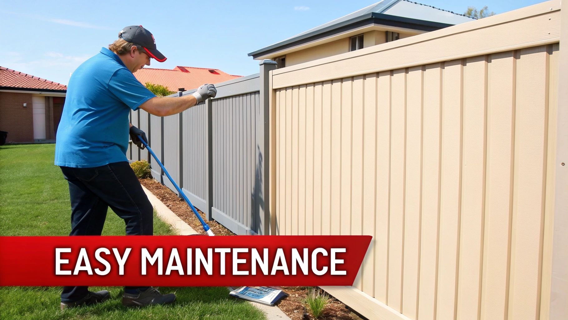 A person gently hosing down a clean, grey Colorbond fence to show the easy maintenance process.